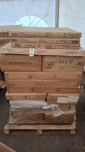 10 X FLATPACK FURNITURE LOT TO INCLUDE CORNER WARDROBE WITH MIRROR IN GREY , SINGLE FABRIC OTTOMAN BED IN CHARCOAL , CARELTON SINGLE BED IN WHITE ETC ON A PALLET (NOTE - CUSTOMER RETURNS UNKNOWN CONDITION)