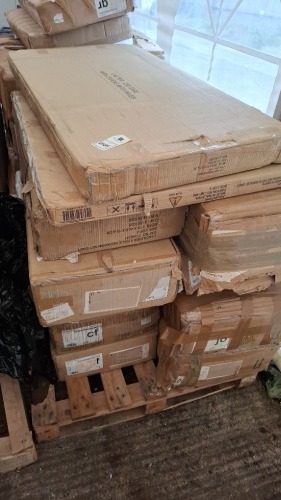 10 X FLATPACK FURNITURE LOT TO INCLUDE HELENA 5DR CHEST IN WHITE , CORNER WARDROBE WITH MIRROR IN GREY , HOMELY LANC 4PC SET ETC ON ONE PALLET (NOTE - CUSTOMER RETURNS UNKNOWN CONDITION)