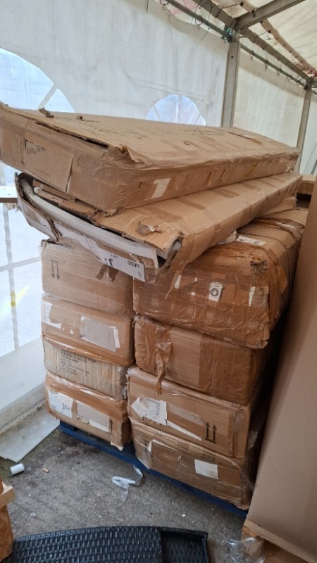 10 X FLATPACK FURNITURE LOT TO INCLUDE KINGSTON 5 PIECE SET GREY FAUX LEATHER , LANCASTER MULTI CHEST IN CREAM , HL 8 DRAWER CHEST IN WHITE ETC ON A PALLET (NOTE - CUSTOMER RETURNS UNKNOWN CONDITION)