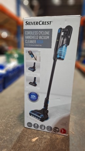 1 X BRAND NEW SILVER CREST CORDLESS CYCLONE HANDHELD VACUUM CLEANER 2 IN 1 DRY VACUUM AND WET MOP - (NOTE BOX DAMAGED BUT ALL PARTS PRESENT )