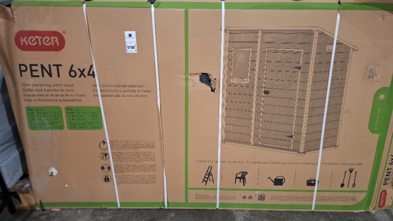 1 X KETER PENT 6 X 4 GARDEN SHED IN NATURAL IN ONE BOX (NOTE CUSTOMER RETURNS UNKNOWN IF ALL PARTS ARE PRESENT )
