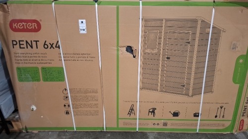 1 X KETER PENT 6 X 4 GARDEN SHED IN NATURAL IN ONE BOX (NOTE CUSTOMER RETURNS UNKNOWN IF ALL PARTS ARE PRESENT )
