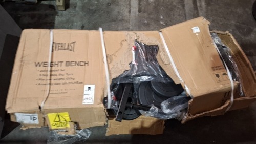 2 X EVERLAST WEIGHT BENCH WITH 20KG BARBELL SET (NOTE CUSTOMER RETURNS UNKNOWN IF ALL PARTS ARE PRESENT )