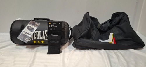 2 X BRAND NEW EVERLAST 30 POUND POWERCORE FIT BAG WITH BOXING GEL WRAPS AND ONE SLAZENGER SPORTS BAG WITH WHEELS