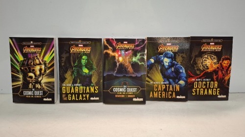 240 X BRAND NEW MIXED AVENGERS NOVEL BOOKS LOT CONTAINING THE HERO'S JOURNEY GUARDIANS OF THE GALAXY , THE COSMIC QUEST , DOCTOR STRANGE ETC IN 14 BOXES