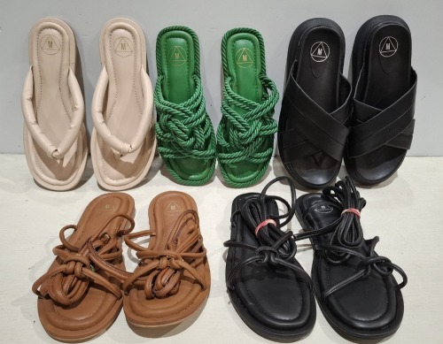 30 X BRAND NEW MIXED MISS GUIDED FOOTWEAR LOT CONTAINING TWISTED TOE POST FLAT SANDALS - PADDED FLIP FLOP FLAT SANDALS - PADDED TIE UP SANDALS - ROPE CROSS FLAT SANDALS ETC ALL IN VARIOUS SIZES