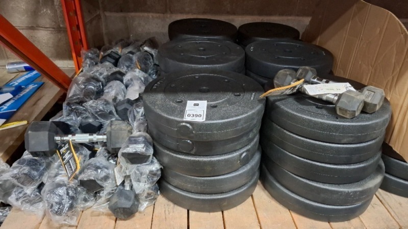75 + BRAND NEW MIXED WEIGHT LOT TO INCLUDE EVERLAST RUBBER HEX DUMBELLS IN 4KG AND 2KG - 10 KG AND 7.5KG WEIGHT PLATES