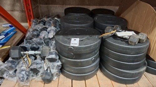 75 + BRAND NEW MIXED WEIGHT LOT TO INCLUDE EVERLAST RUBBER HEX DUMBELLS IN 4KG AND 2KG - 10 KG AND 7.5KG WEIGHT PLATES