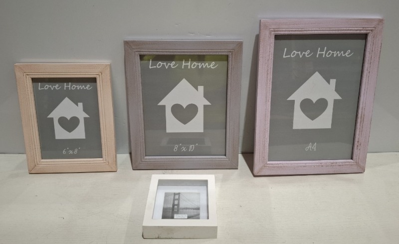 600 + WOODEN PHOTO FRAMES IN SIZES A4 , 10 x 8 INCH 6 X 4 INCH AND 15 X 15 CM IN VARIOUS COLOURS PINK , GREEN , IVORY , YELLOW ETC OVER 4 PALLETS (NOTE AGED PRODUCT - BOXES HAVE MUSTY ODOUR - SEE IMAGE FOR REPRESENTATIVE SAMPLE )