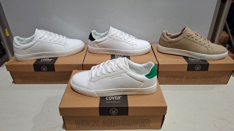 17 X BRAND NEW PAIRS OF DUCK AND COVER CLAPAR MENS TRAINERS IN VARIOUS COLOURS WHITE / GREEN , BLACK , STONE , WHITE IN SIZES 2 IN SIZE 10UK , 5 IN SIZE 12UK , 10 IN SIZE UK11 - RRP EACH &pound;25 - TOTAL &pound;425