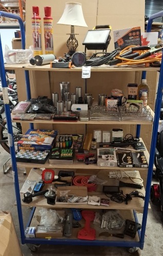 100+ MIXED LOT CONTAINING JUMP LEADS , SOUDAL GAS FILLING EXPANDING FOAM , STAINLESS STEEL MEASURING SHOT GLASSES , MEBUS LED USB LIGHTS IN BLACK AND WHITE , LIGHTERS , TABLE LAMP ETC OVER 5 SHELVES.