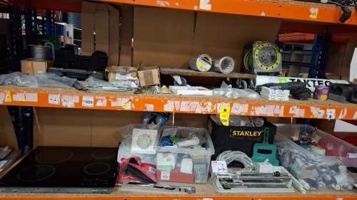 70 + PIECE MIXED LOT TO INCLUDE SCHOTTT CERAN ELECTRIC COOKER TOP - FAN VENTS - VARIOUS PLUMBING EQUIPMENT - CABLE TIES - TILE CUTTER - EXTENSION LEAD - BOSCH SANDER - FURNITURE VARNISH - WINDOW HANDLES ETC ON 2 SHELVES