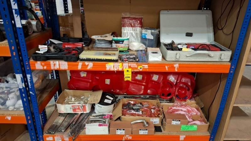 70 + PIECE MIXED LOT TO INCLUDE EINHELL HEAT GUN - PERLES HAMMER DRILL - VARIOUS WINDOW HANDLES - ELECTRIC CABLE - DRAWER HINGES - SAND PAPER - 1000 DIALL SCREWS - ETC ON 2 SHELVES