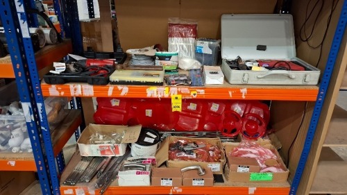 70 + PIECE MIXED LOT TO INCLUDE EINHELL HEAT GUN - PERLES HAMMER DRILL - VARIOUS WINDOW HANDLES - ELECTRIC CABLE - DRAWER HINGES - SAND PAPER - 1000 DIALL SCREWS - ETC ON 2 SHELVES
