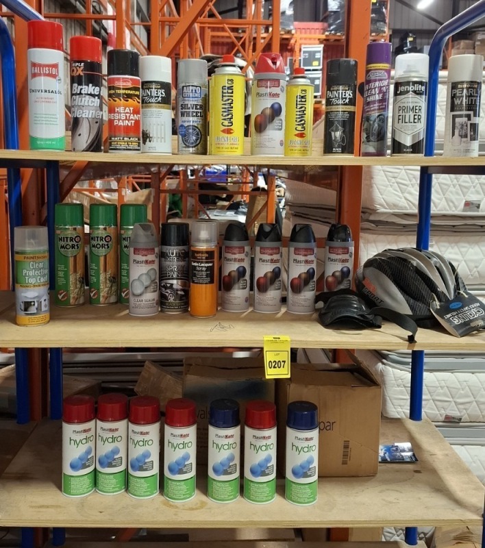 45 X PIECE MIXED LOT TO INCLUDE BRAKE AND CLUTCH CLEANER - HEAT RESISTANT PAINT - SILVER WHEEL SPRAY PAINT - SATIN SPRAY PAINT - BLACK SATIN SPRAY PAINT - TOP COAT SPRAY - GLOSS SPRAY PAINT IN VARIOUS COLOURS - BIKE HELMET - ETC
