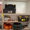 100 X PIECE MIXED TOOL LOT TO INCLUDE VARIOUS LIGHT FITTINGS - VARIOUS PLUG FITTINGS - DOOR LOCKS - LED LINE - BOLT/SCREWS ORGANISER - 2X TOOL BOXES CONTAINING VARIOUS TOOLS - METAL TOOL BOX - SILICONE GUN - SPOT LIGHTS ETC ON 5 SHELVES - 2