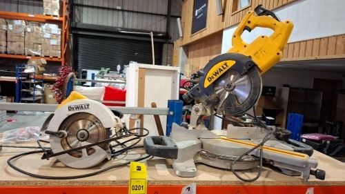 2 X PIECE MIXED TOOL LOT TO INCLUDE 1X DEWALT DWS773-GB MITRE CHOP SAW - 1X DEWALT DWE560-GB CIRCULAR SAW