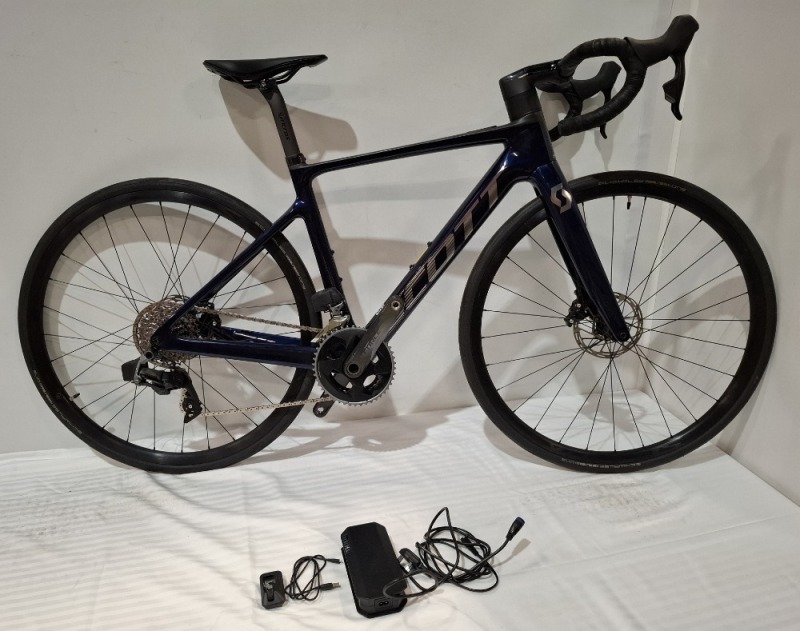 SCOTT ADDICT E-RIDE 20 BIKE MODEL: 286544 SIZE: XS ORIG RRP &pound;4,999 ADDICT RC DISC HMX CARBON FRAME ADDICT ERIDE HMX FORK SRAM RIVAL ETAP AXS 24 SPEED MAHLE MOTOR HUB DRIVE SYNCROS CAPITAL 2.0 25E DISC WHEELS SCHWALBE ONE TYRES SYNCROS CARBON/ALLOY PAR
