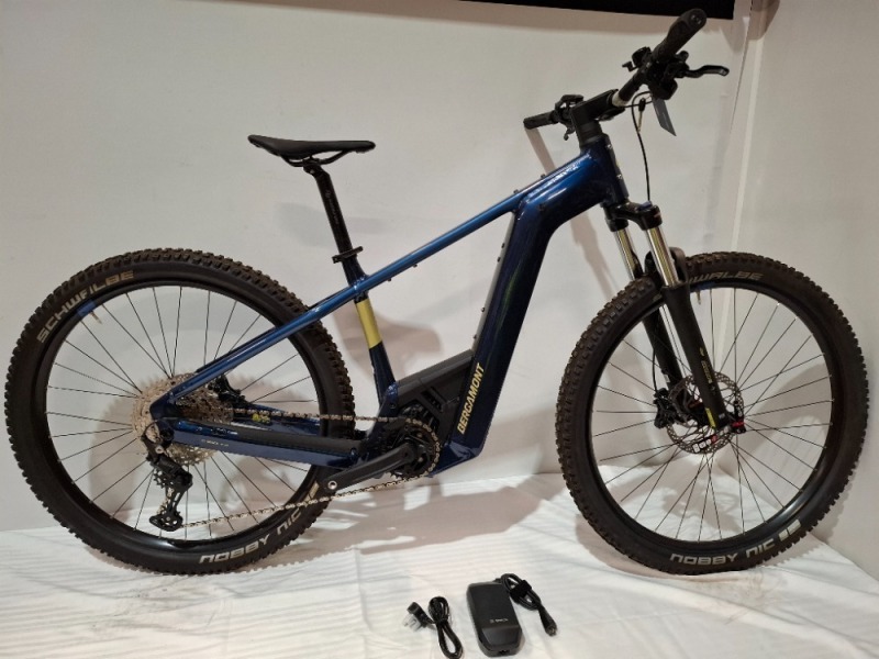 BERGAMONT E-REVOX PREMIUM SPORTBIKE MODEL: 286774 SIZE: M ORIG RRP &pound;2,549 SUNTOUR SUSPENSION FORK WITH 120 MM TRAVEL SHIMANO BR-MT420 HYDRAULIC 4-PISTON DISC BRAKE SCHWALBE NOBBY NIC ALLROUND TYRES ALL NEW BOSCH SMART SYSTEM WITH PERFORMANCE LINE CX DRIVE