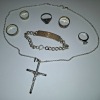 7 PCS OF SILVER JEWELLERY IE. CRUCIFIX & CHAIN, 5 X RINGS & BRACELET (AUTHORISED AS GENUINE BY AN INDEPENDENT JEWELLER)