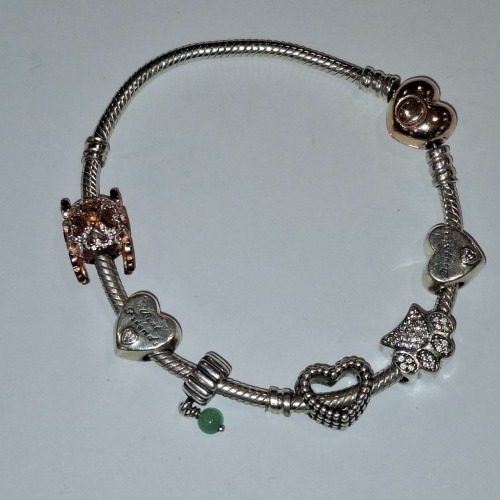 PANDORA SILVER CHARM BRACELET WITH 6 CHARMS (AUTHORISED AS GENUINE BY AN INDEPENDENT JEWELLER)