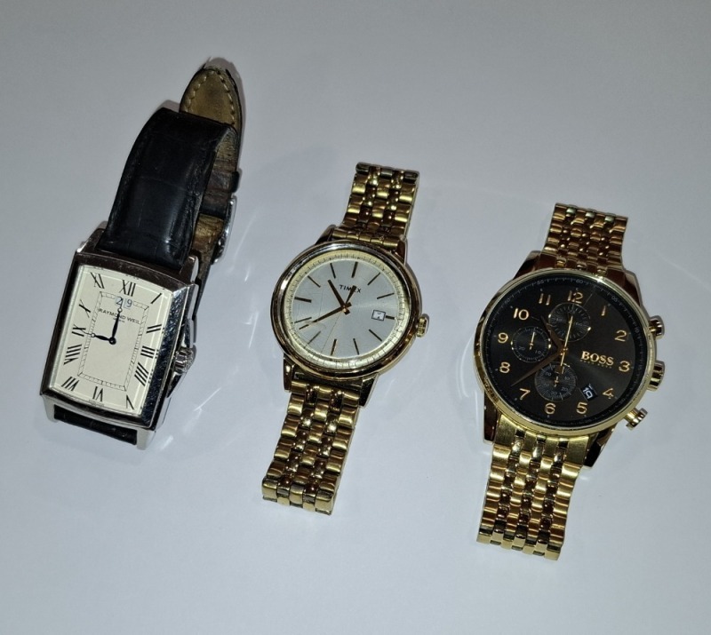 3 X GENTS WATCHES IE. RAYMOND WEIL, TIMEX & HUGO BOSS (AUTHORISED AS GENUINE BY AN INDEPENDENT JEWELLER - UNTESTED AS WORKING OR OTHERWISE)
