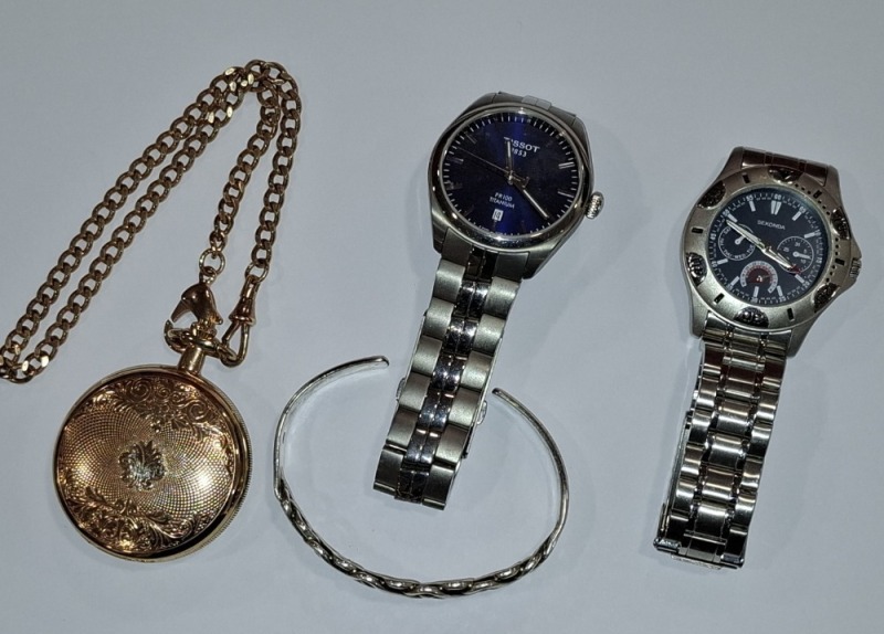 3 X GENTS WATCHES IE. HUNTER HINGED POCKED WATCH (GP), TISSOT PR100, SEKONDA PLUS A SILVER BANGLE (NOT HALLMARKED APPROX 23 G) (AUTHORISED AS GENUINE BY AN INDEPENDENT JEWELLER - UNTESTED AS WORKING OR OTHERWISE)