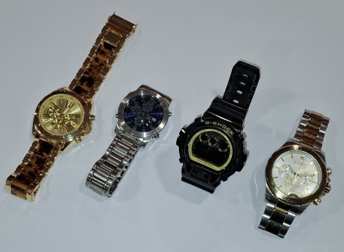 4 X GENTS WATCHES IE. MICHAEL KORS, CITIZEN, G-SHOCK, HUGO BOSS (AUTHORISED AS GENUINE BY AN INDEPENDENT JEWELLER - UNTESTED AS WORKING OR OTHERWISE)