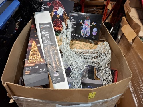 FULL PALLET BOX OF MIXED CHRISTMAS ITEMS LOT CONTAINING 74CM SOFT ACRYLIC SNOWMAN LIGHT SCULPTURE 88 LEDS , 50 CM MICROBRIGHTS ROBIN MOTIF 250 LEDS , SET OF 3 LIT CONES 900 LEDS , 1.2M BROWN FLOCKED WILLOW TREE 450LEDS ETC IN ONE PALLET BOX - (NOTE CUS