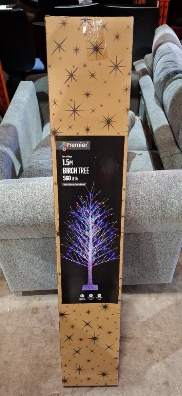 7 X BRAND NEW PREMIER 5FT BIRCH TREE - STATIC & FLASHING MULTI COLOURED WITH 560 LEDS - (NOTE SOME BOXES ARE DAMAGED )