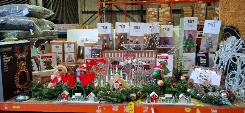FULL BAY MIXED CHRISTMAS LOT CONTAINING THE TREE COMPANY 80CM FIBRE OPTIC LED TREES , 60CM TWINKLING STARBURST SNOWFLAKE , PLATFORM 53 CLASSIC TRAIN SET , 50CM MICROBRIGHT REINDEER WITH 210 LEDS , CHRISTMAS LED CANDLE ARCH , LED CHRISTMAS VILLAGE DECORATI