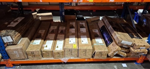 15 X MIXED CHRISTMAS TREE LOT CONTAINING 1.8M FIBRE OPTIC TREE WITH WARM WHITE LEDS , FLOCKED SPRUCE PINE TREE 6.5FT , 2.1 TWINKLING STARBURST TREE , 1.8 M BIRCH TREE WITH 1100 LEDS ETC OVER A FULL BAY - (NOTE CUSTOMER RETURNS )