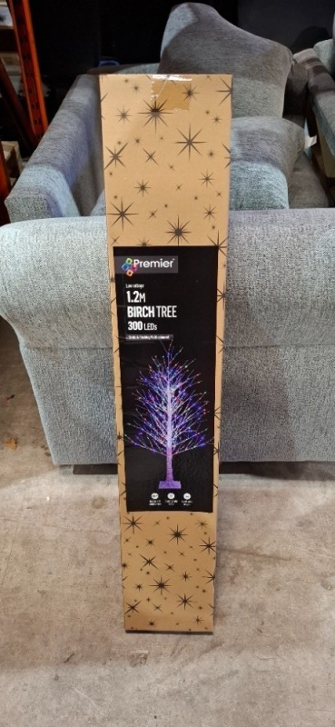 8 X BRAND NEW PREMIER 1.2M BIRCH TREE WITH 300 LEDS STATIC & FLASHING IN MULTI - COLOURED