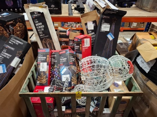FULL PALLET BOX OF MIXED CHRISTMAS ITEMS LOT CONTAINING 1.5M BROWN FLOCKED WILLOW TREE WITH 540 LEDS , SET OF 4 PINE BRANCH PATH LIGHT WITH 120 LEDS , 2.1 FLEXIBRIGHTS PYRAMID TREE 580 LEDS , MUSICAL KICKING LEG PARACHUTE CHARACTER ETC IN ONE PALLET BOX 