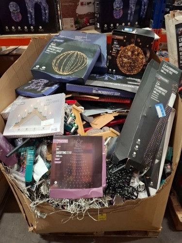 FULL PALLET BOX OF MIXED CHRISTMAS ITEMS LOT CONTAINING 40 CM ULTRABRIGHTS SPHERE LIGHT WITH 240 LEDS , 3M SHOOTING STAR WITH 320 LEDS , 60CM MICROBRIGHTS STAR , 40 CM CANDLEBRIDGE , 2.1M FLEXIBRIGHTS PYRAMID TREE WITH 580 LEDS ETC IN ONE PALLET BOX - 