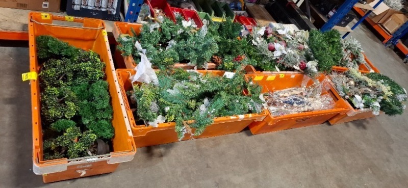 LARGE MIXED CHRISTMAS LOT CONTAINING VARIOUS CHRISTMAS WREATHS , 1.8M GARLANDS , SMALL ARTIFICIAL PLANTS ETC OVER 7 LARGE TRAYS