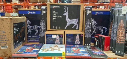 17 X PIECE MIXED CHRISTMAS LOT CONTAINING 1.4M UNICORNS , 90CM TWINKLING SNOWMAN , 1M & 41CM GRAZING DOE AND FAWN LIGHT SCULPTURE WITH 250 LEDS , 1.5M TWINKLING STARBURST TREE IN WHITE AND GOLD , ETC OVER A FULL BAY ( NOTE CUSTOMER RETURNS )