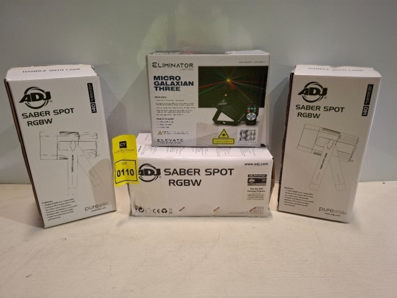 4 X BRAND NEW MIXED LOT TO INCLUDE 3X ADJ SABER SPOT RGBW BEAMS - 1X ELIMINATOR LIGHTING MICRO GALAXIAN THREE LIGHT