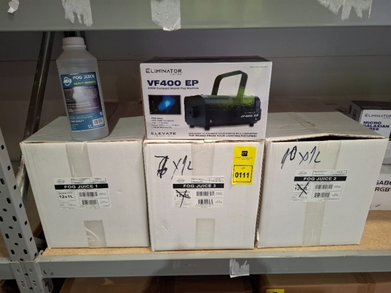 30 X BRAND NEW MIXED LOT TO INCLUDE 1 X ELEVATE LIGHTING VF400 EP 400W COMPACT MOBILE FOG MACHINE - 29X ADJ HEAVY DENSITY FOG JUICE 1 LITRES