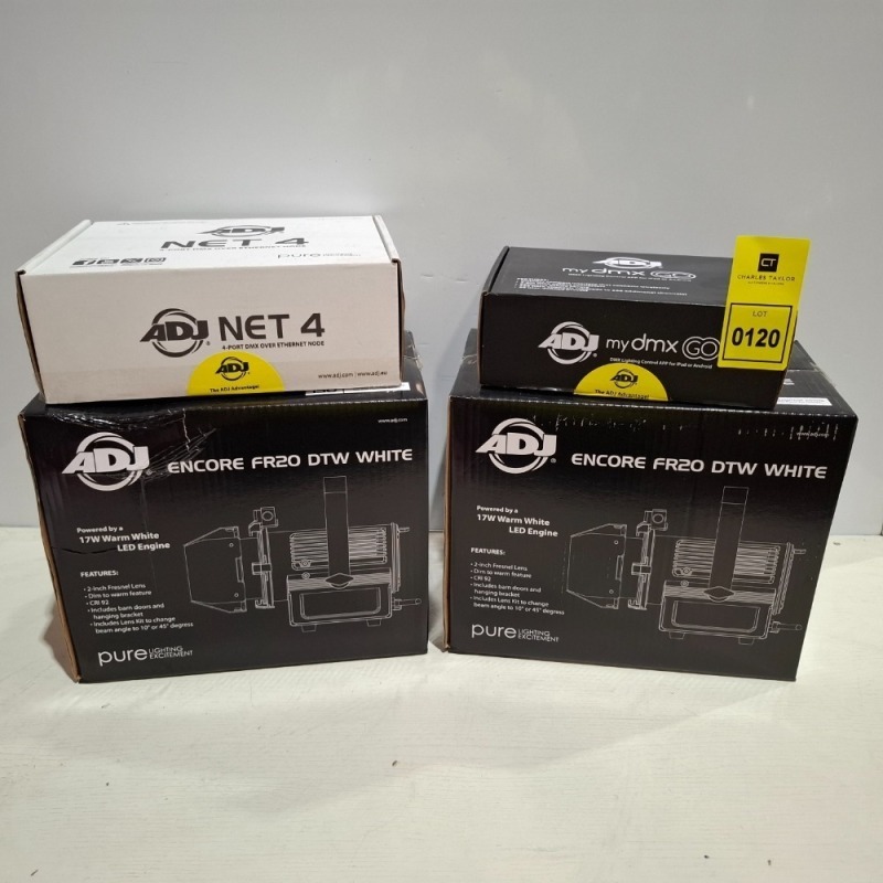 4 X PIECE BRAND NEW MIXED LOT TO INCLUDE 2X ADJ ENCORE FR20 DTW WHITE 17W WARM WHITE LED ENGINE - 1X ADJ DMX LIGHTING CONTROL APP FOR IPAD OR ANDROID - 1X ADJ NET 4 PORT DMX OVER ETHERNET NODE