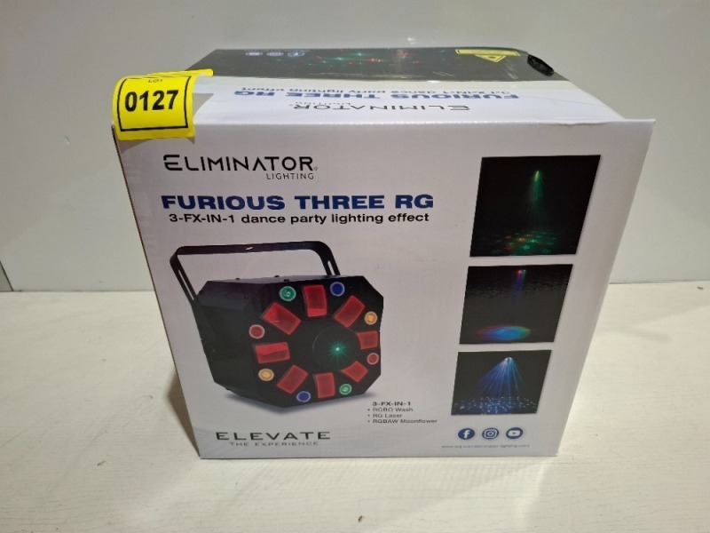 1 X BRAND NEW ELIMINATOR LIGHTING FURIOUS THREE RG 3-FX-IN 1 DANCE PARTY LIGHTING