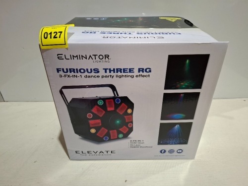 1 X BRAND NEW ELIMINATOR LIGHTING FURIOUS THREE RG 3-FX-IN 1 DANCE PARTY LIGHTING