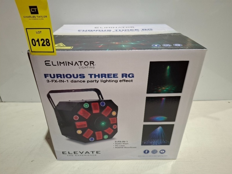 1 X BRAND NEW ELIMINATOR LIGHTING FURIOUS THREE RG 3-FX-IN 1 DANCE PARTY LIGHTING