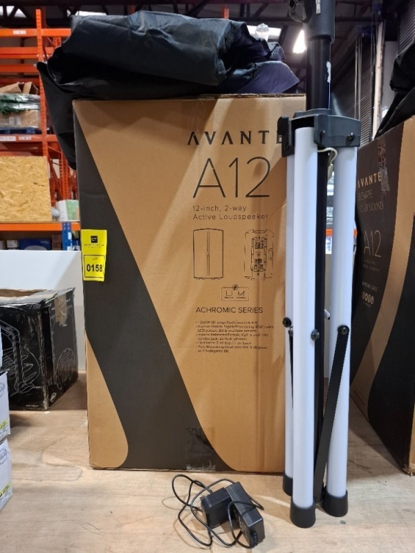 2 X PIECE MIXED LOT TO INCLUDE GRADE B AVANTE A12 ACTIVE LOUDSPEAKER ACHROMIC SERIES (UNTESTED)- WITH MATCHING LED TRI POD STAND