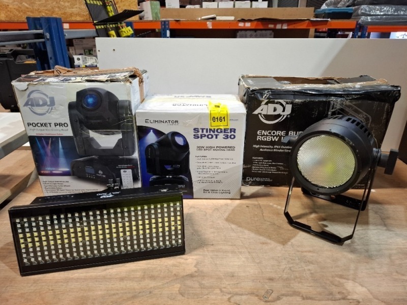 4 X PIECE MIXED LOT TOP INCLUDE GRADE B ADJ ENCORE BURST RGBW IP LED LIGHT - ELIMINATOR LIGHTING STINGER SPOT 30 LED ROTATING LIGHT - ADJ POCKET PRO HIGH OUTPUT MOVING LED LIGHT - 1 225 LED LIGHT (ALL UNTESTED)