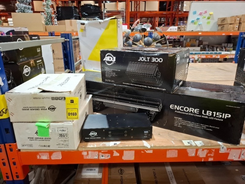 4 X PIECE MIXED LOT TO INCLUDE 2 X GRADE B ADJ PIXIE DRIVER 2000 DIGITAL LED CONTROLLER SYSTEM - 1 X GRADE B ADJ JOLT 300 MULTIFUNCTIONAL STROBE EFFECT LIGHT - 1 X GRADE B ENCORE LB15IP IP65 LINEAR RGBL LED FIXTURE (UNTESTED)