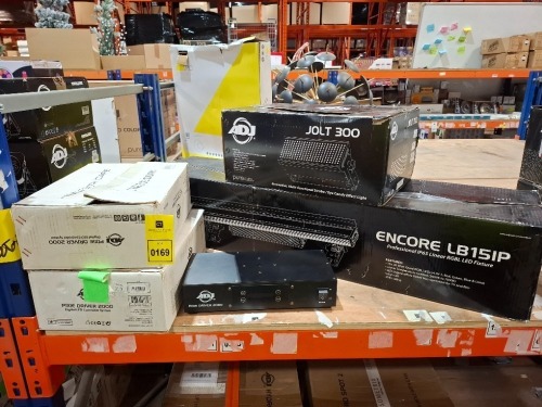 4 X PIECE MIXED LOT TO INCLUDE 2 X GRADE B ADJ PIXIE DRIVER 2000 DIGITAL LED CONTROLLER SYSTEM - 1 X GRADE B ADJ JOLT 300 MULTIFUNCTIONAL STROBE EFFECT LIGHT - 1 X GRADE B ENCORE LB15IP IP65 LINEAR RGBL LED FIXTURE (UNTESTED)