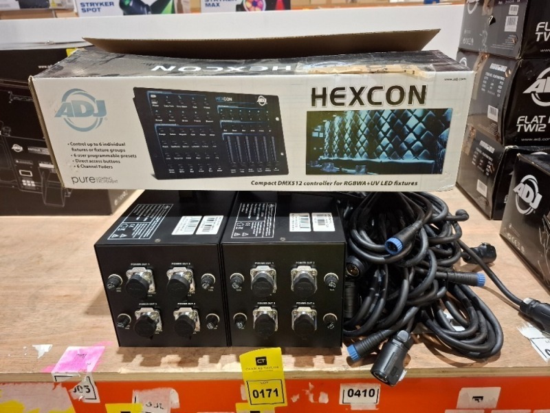 12 X PIECE MIXED LOT TO INCLUDE 1 X GRADE B ADJ HEXCON COMPACT DMX512 CONTROLLER FOR RGBWA AND UV LED FIXTURES - 2 X GRADE B ADJ MDF2PSUX40 1500W POWER SUPPLYS AND VARIOUS CABLES