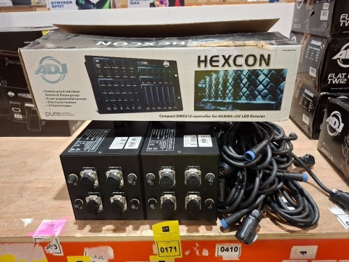 12 X PIECE MIXED LOT TO INCLUDE 1 X GRADE B ADJ HEXCON COMPACT DMX512 CONTROLLER FOR RGBWA AND UV LED FIXTURES - 2 X GRADE B ADJ MDF2PSUX40 1500W POWER SUPPLYS AND VARIOUS CABLES