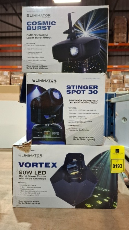 3 X PIECE MIXED GRADE B LOT TO INCLUDE 1X ELIMINATOR LIGHTING VORTEX 80W LED BARREL MIRROR FIXTURE - 1 X ELIMINATOR STINGER SPOT 30 30W HIGH POWERED LED SPOT MOVING HEAD - 1 X ELIMINATOR COSMIC BURST LASER BURST (UNTESTED)